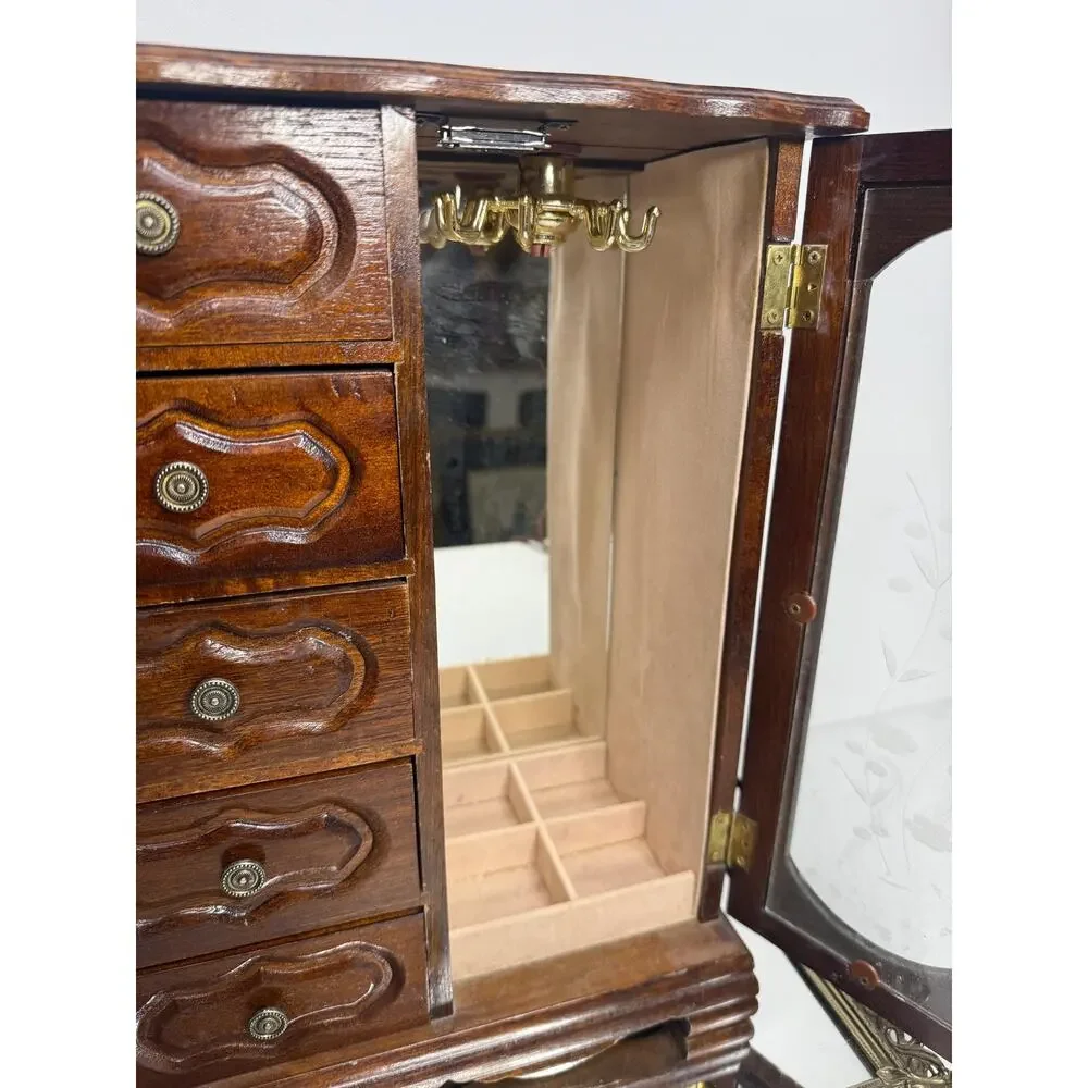 Vintage Indonesian Wooden Jewelry Box Multiple Drawers Etched Glass & Mirror